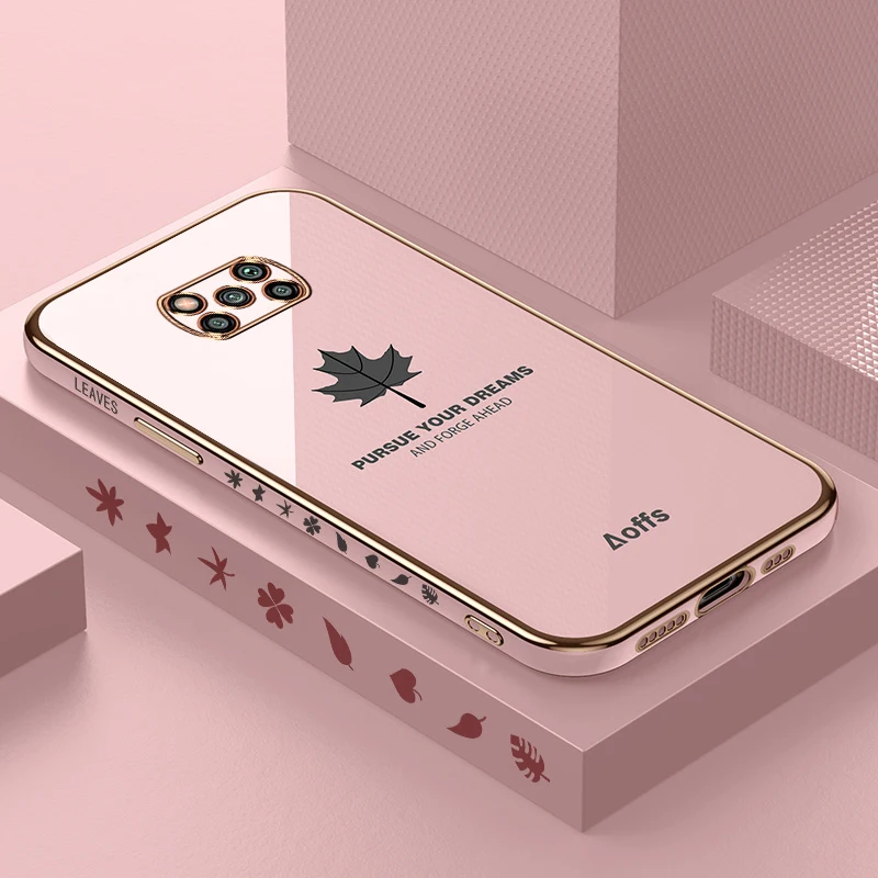 Luxury Square Maple Leaf Plating Silicone Case for Xiaomi POCO X3 NFC Pro Protector Soft funda Cover