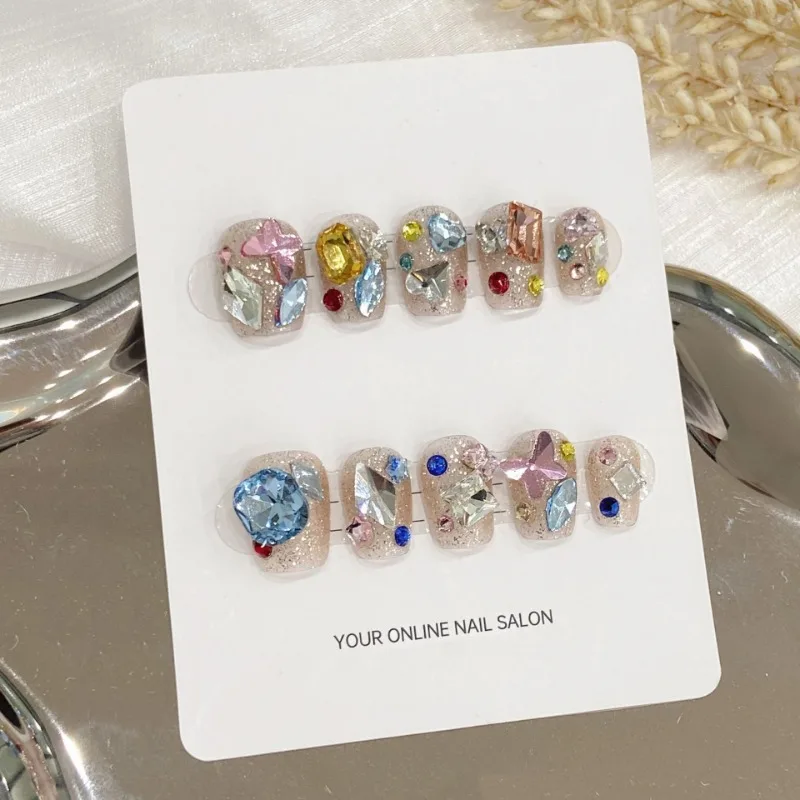 

10pcs Handmade Sparkle Colored Diamonds Press on Nails Short False Nails with Design Reusable Manicure Girls Adhesive Fake Nails