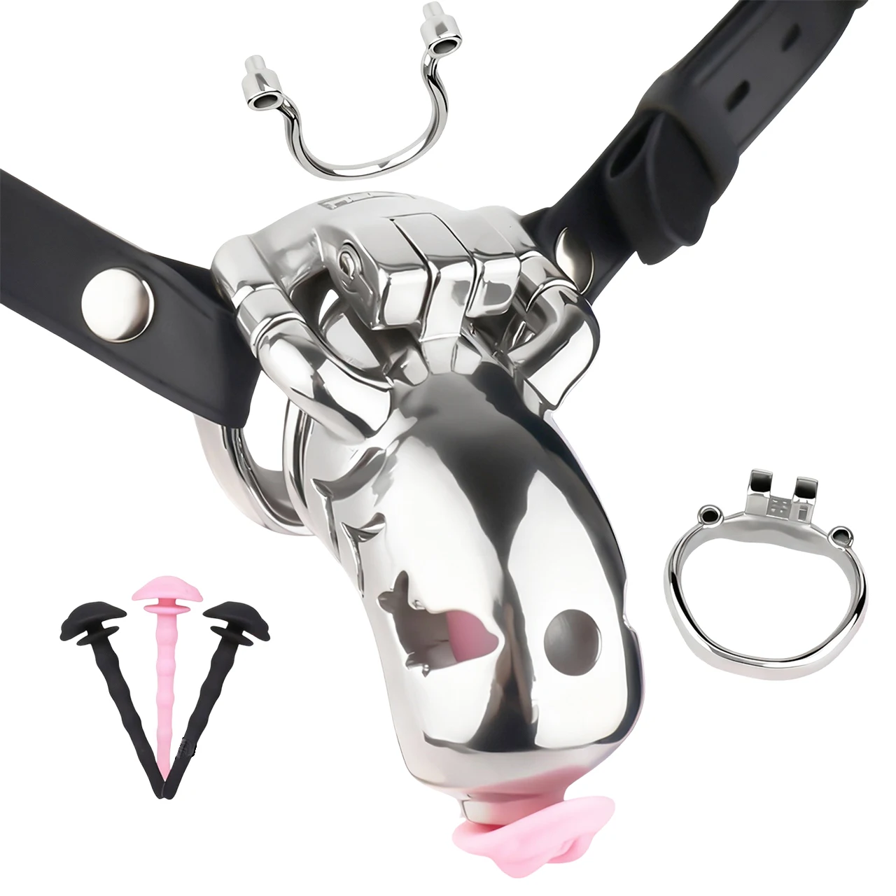 FRRK Metal Chastity Cage with Removable Silicone Urethral Catheter and Adjustable Binding Strap Anti-Drop Lock Sex Toy for Men