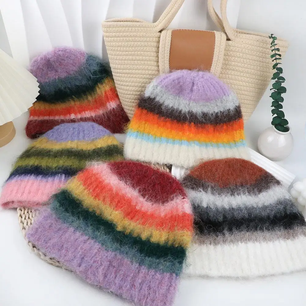 Knitted Beanies Women's Fisherman's Hat Striped Colorful Small Yarn Hat Ear Protection Warm Winter Skullies Yarn Plush Hats