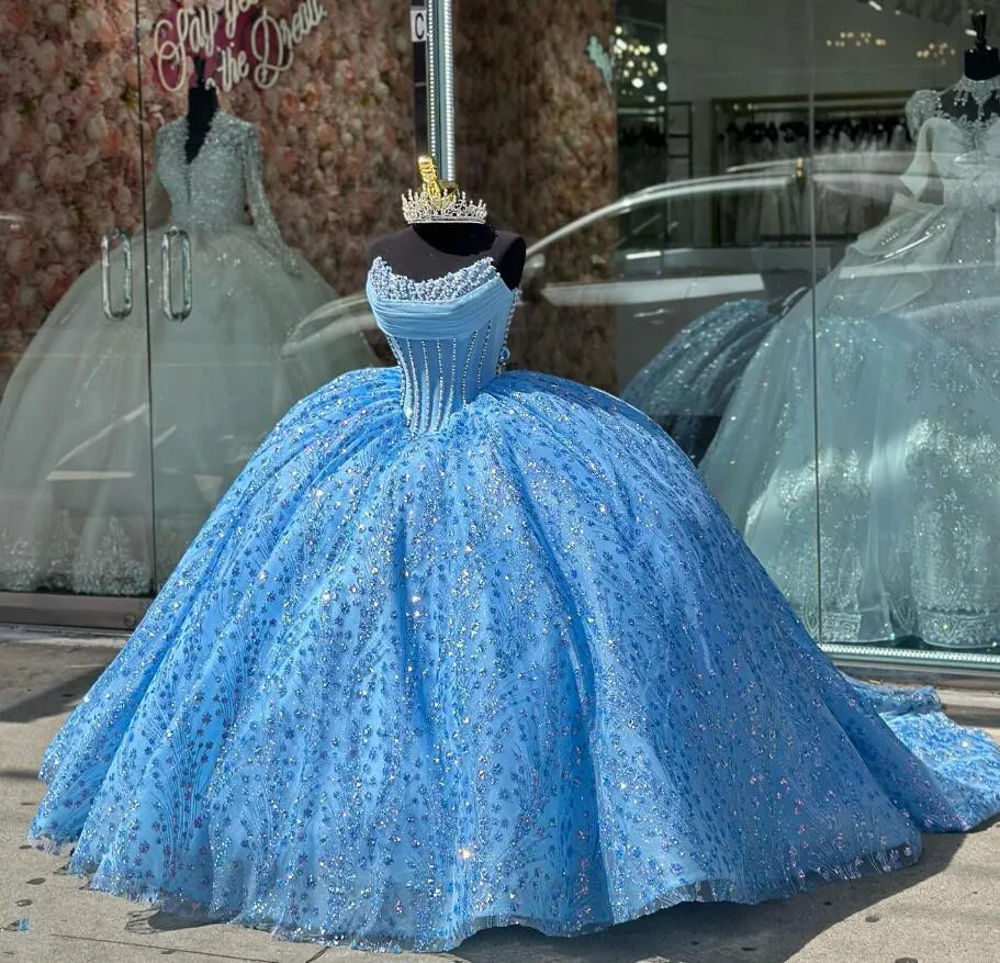 فساتين الأميرة الزرقاء الجليدية Quinceanera ، مشد للعقيق ، فساتين مطرزة باللؤلؤ ، أميرة براقة ، 15 سنة ، 24 سنة ،