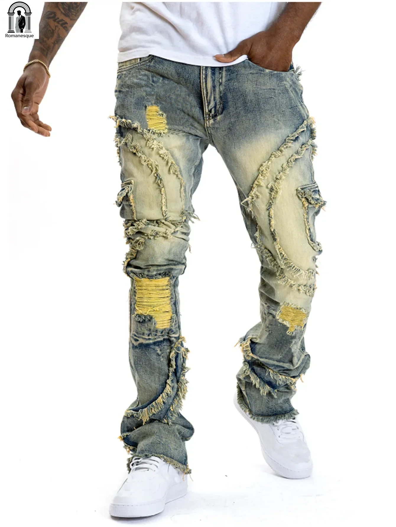 

2025 New Men Ripped Stacked Jeans Distressed Slim Fit Skinny Straight Leg Jeans Fashion Hip Hop Denim Pants Casual Streetwear