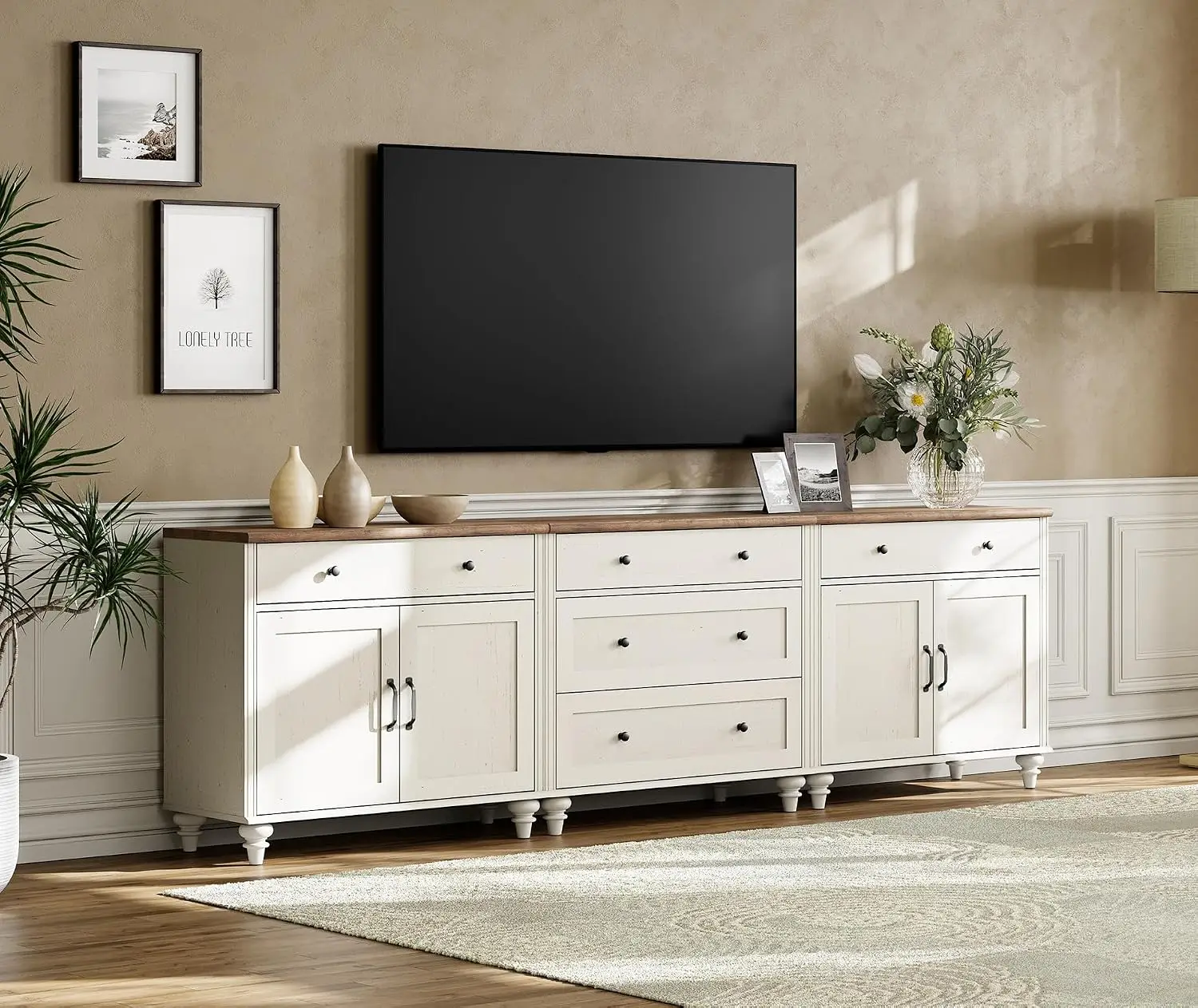 Farmhouse TV Stand for 100 Inch TV, 3-in-1 TV Console Table with 5 Drawers and 4 Doors, Entertainment Center for, Customized