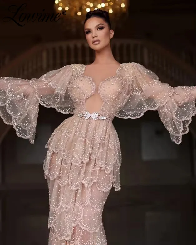 Wykwintna różowo-szara warstwowa suknia wieczorowa z pełnym zdobieniem kryształkami, szyta na miarę, z bufiastymi rękawami, suknie na przyjęcia, arabskie suknie balowe w stylu Dubai, suknia.