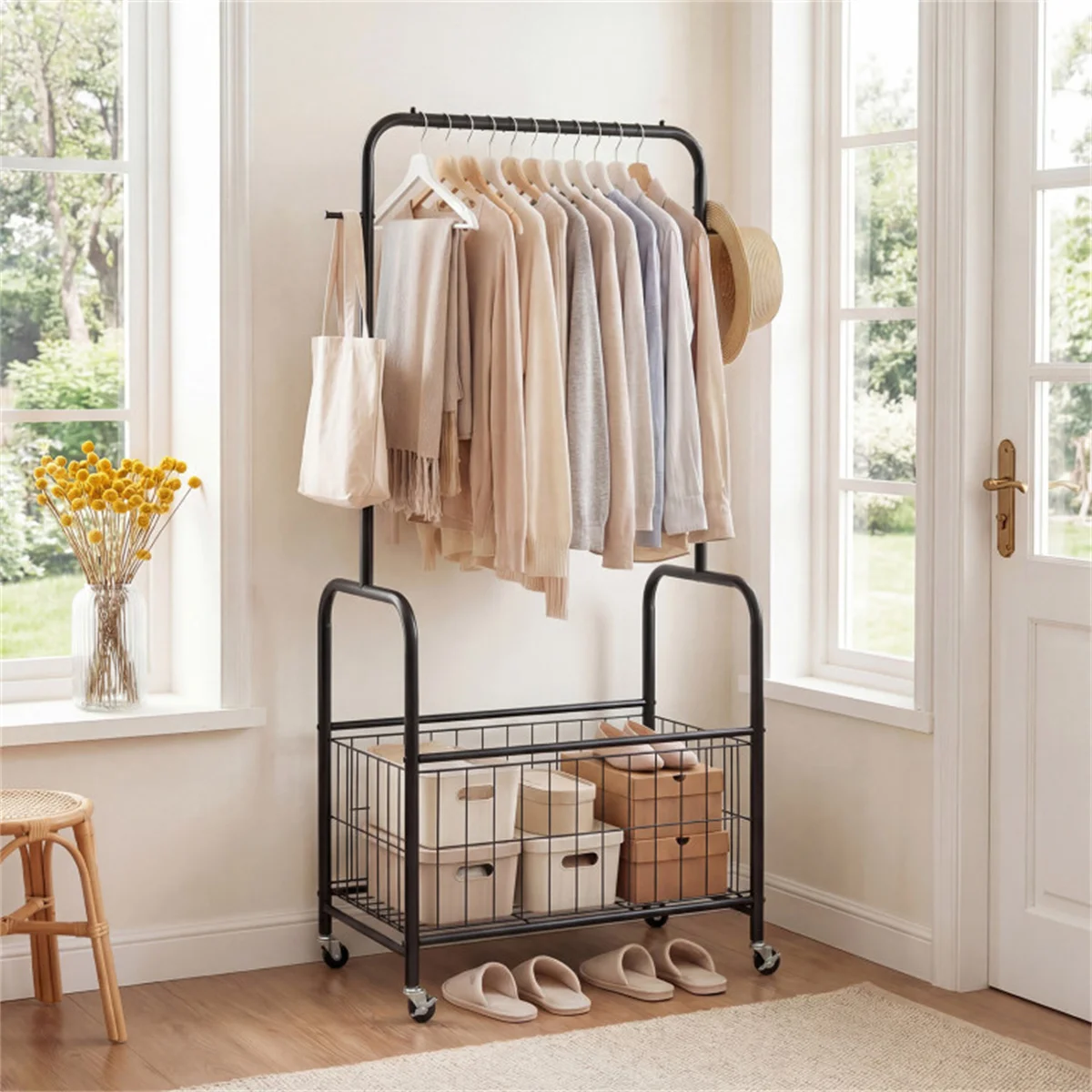 3-in-1 Rolling Clothes Rack with Storage Basket & Hooks, Metal Garment Rack for Laundry Bedroom - Black