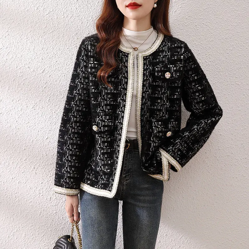 

Elegant Short Autumn Wool Coat Women Korean Style Print Patchwork Tweed Jackets Korean Style Knitted Cardigan Outwear E221