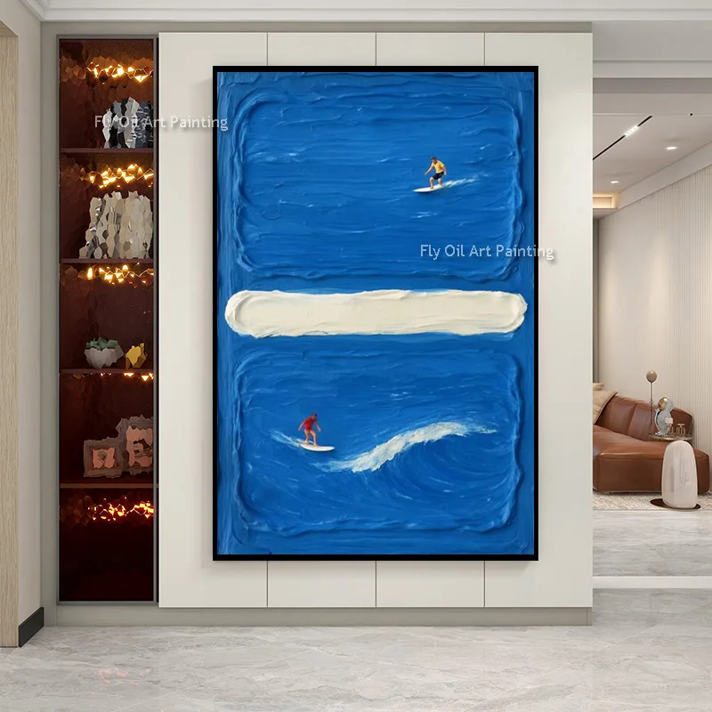 Hand Made Navy Blue White People Surfing On The Sea Oil Painting Large New Blue Ocean View Knife Thick Canvas Wall Art Decor