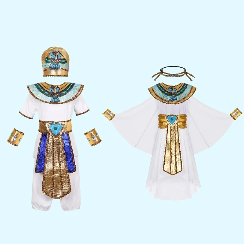 

Boys Girls Egyptian Pharaoh Queen Cosplay Costume Egypt Prince Princess White Suit Halloween Carnival Party Performance Outfits
