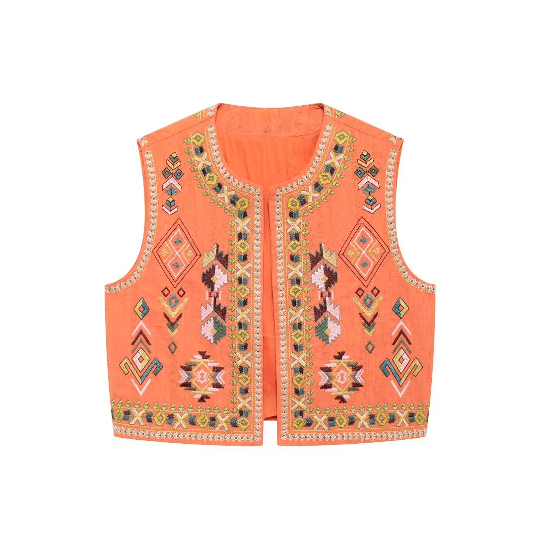 Tangada Women 2024 Orange Embroidery Crop Waistcoat Vintage Sleeveless Female Coat 3h0622