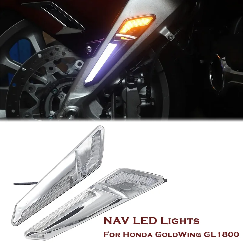 

New For Honda Goldwing GL1800 F6B 2018-UP Motorcycle Front Brake Fork Mounted NAV LED Lights in Chrome or Black 2019 2020 2021