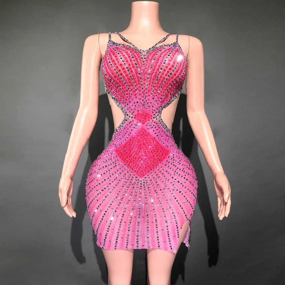 

Sparkly Rhinestones Short Dress Summer Sexy Backless Women Evening Celebriate Birthday Dress Nightclub Outfit Show Stage Wear