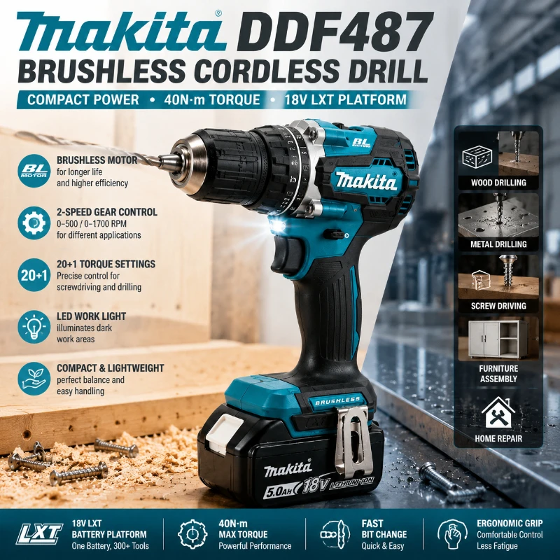 Perceuse sans fil Makita 18V LXT DDF487 d'origine, perceuse-visseuse à couple élevé sans balais + kit de batteries BL1860B BL1840, outil professionnel, livraison rapide en Europe