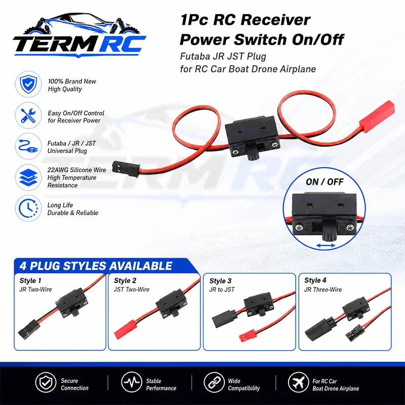 1Pc RC Receiver Power Switch On/Off Futaba JR JST Plug for RC Car Boat Drone Airplane