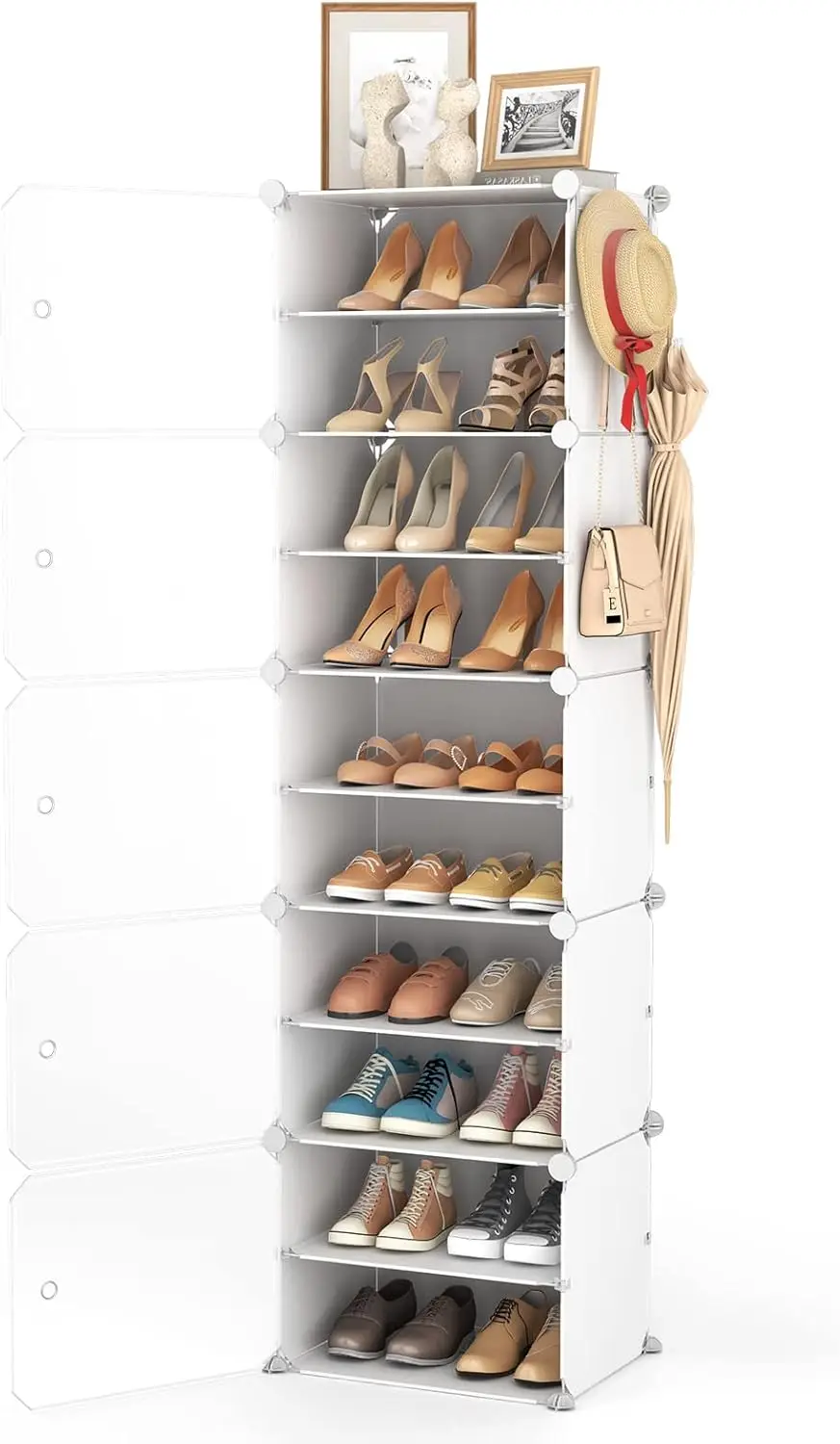 

10 Tier Shoe Cabinet with Door, Portable Narrow Organizer Rack for 20 Pairs, White Plastic with for Entryway or Bedroom