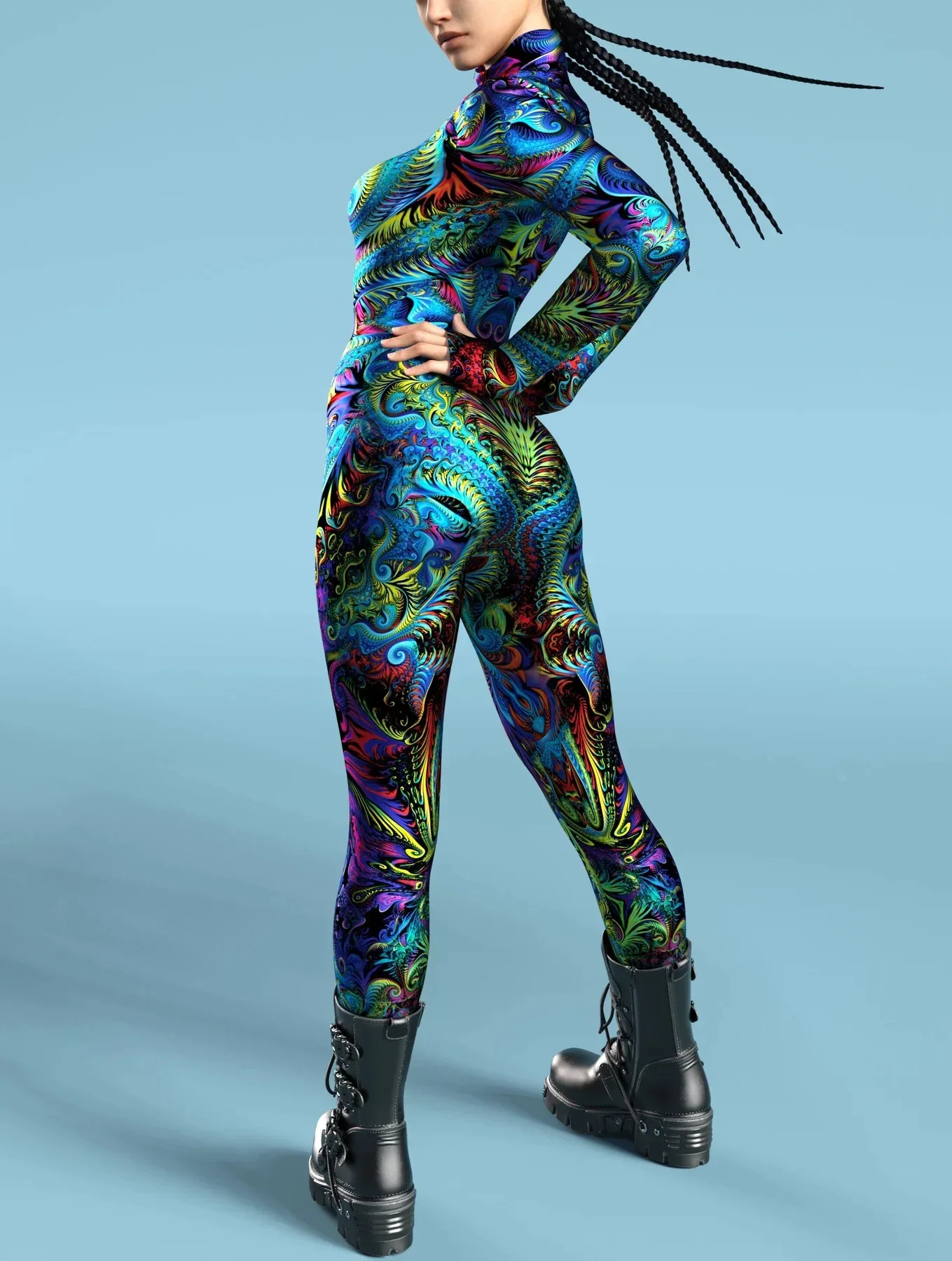 Damen Mehrfarbiger 3D-Druck Festtagsparty Regenbogen Sexy Enger Bodysuit Punk Cosplay Kostüm Performance Romper – Detail 6