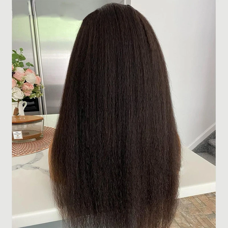 Yaki macio 26 Polegada 180 densidade longo kinky em linha reta natural preto profundo peruca dianteira do laço para mulheres babyhair sem cola pré-arrancado diariamente