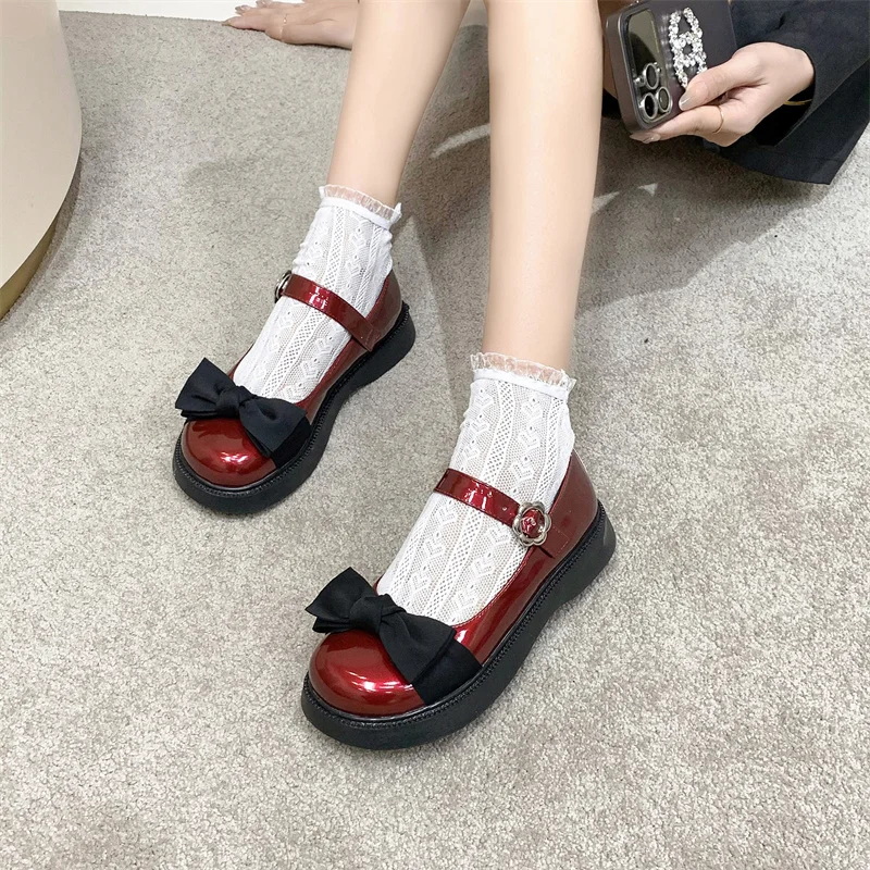 

YQBTDL 2026 Sweet Janes Girls Pumps Round Toe Thick Heels Buckle Strap Bowknot Footwear Party Women Soft Shoes Black Wine Red