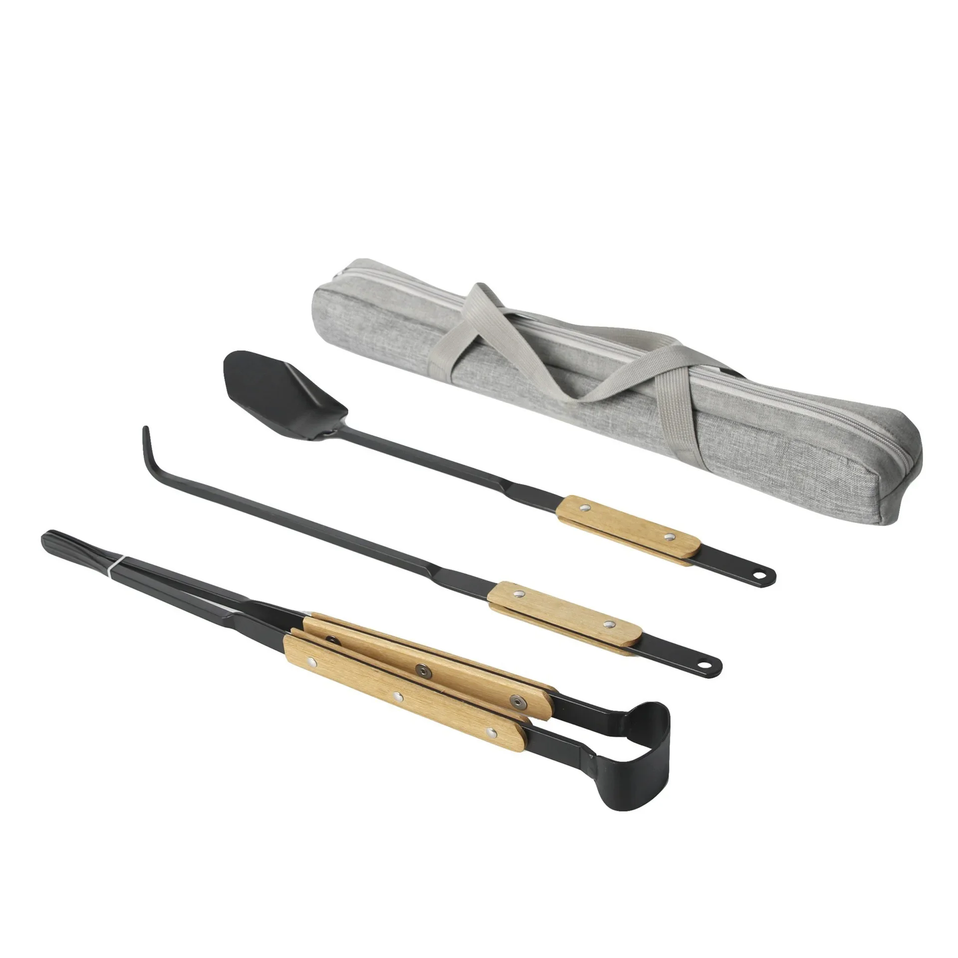 Three Piece Set Of Campfire Tools Shovel Pliers Hook Bamboo Steel Material Outdoor Camping Barbecue Campfire