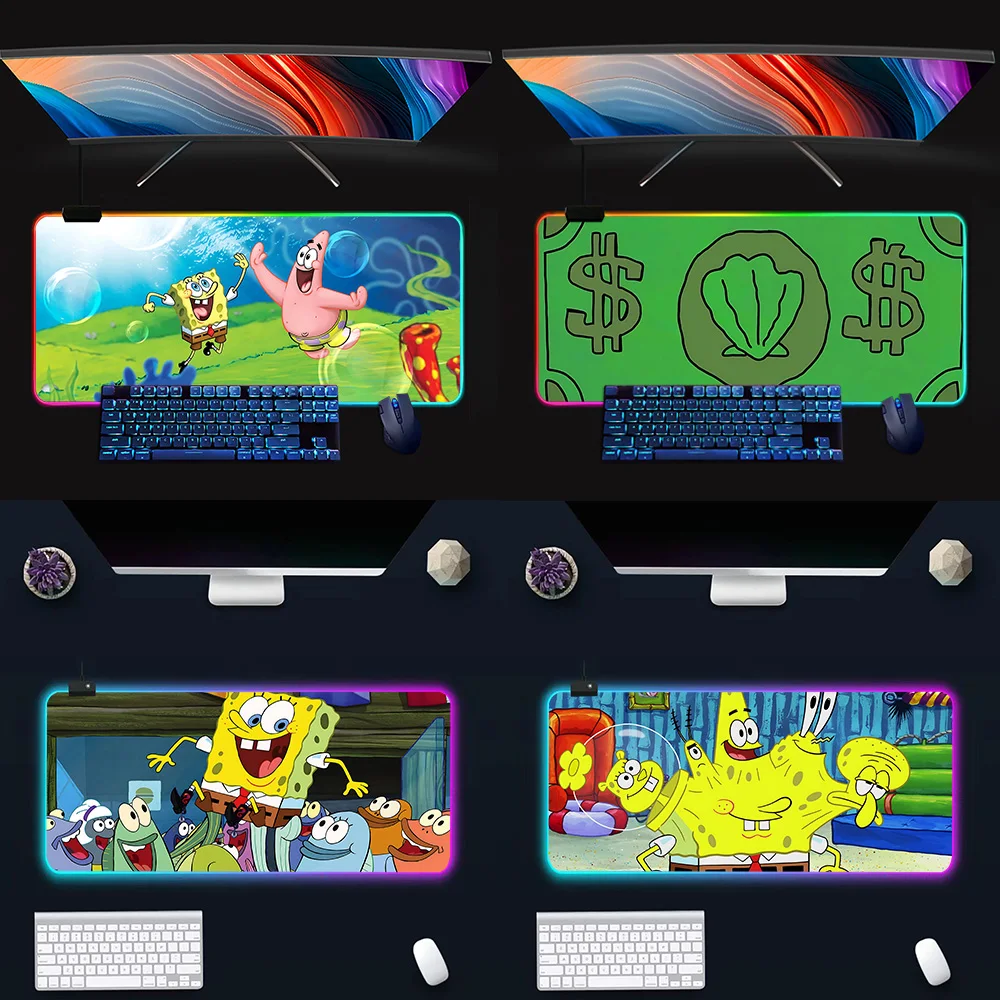 Cartoon S-SpongeBob RGB Pc Gamer Keyboard Mouse Pad Mousepad LED Glowing Mouse Mats Rubber Gaming Computer Mausepad