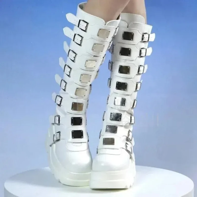 Women White Platform High Boots Multi Buckle Metal Plates Gothic Punk Vintage Style Cosplay Party Chunky Heel Black Boots