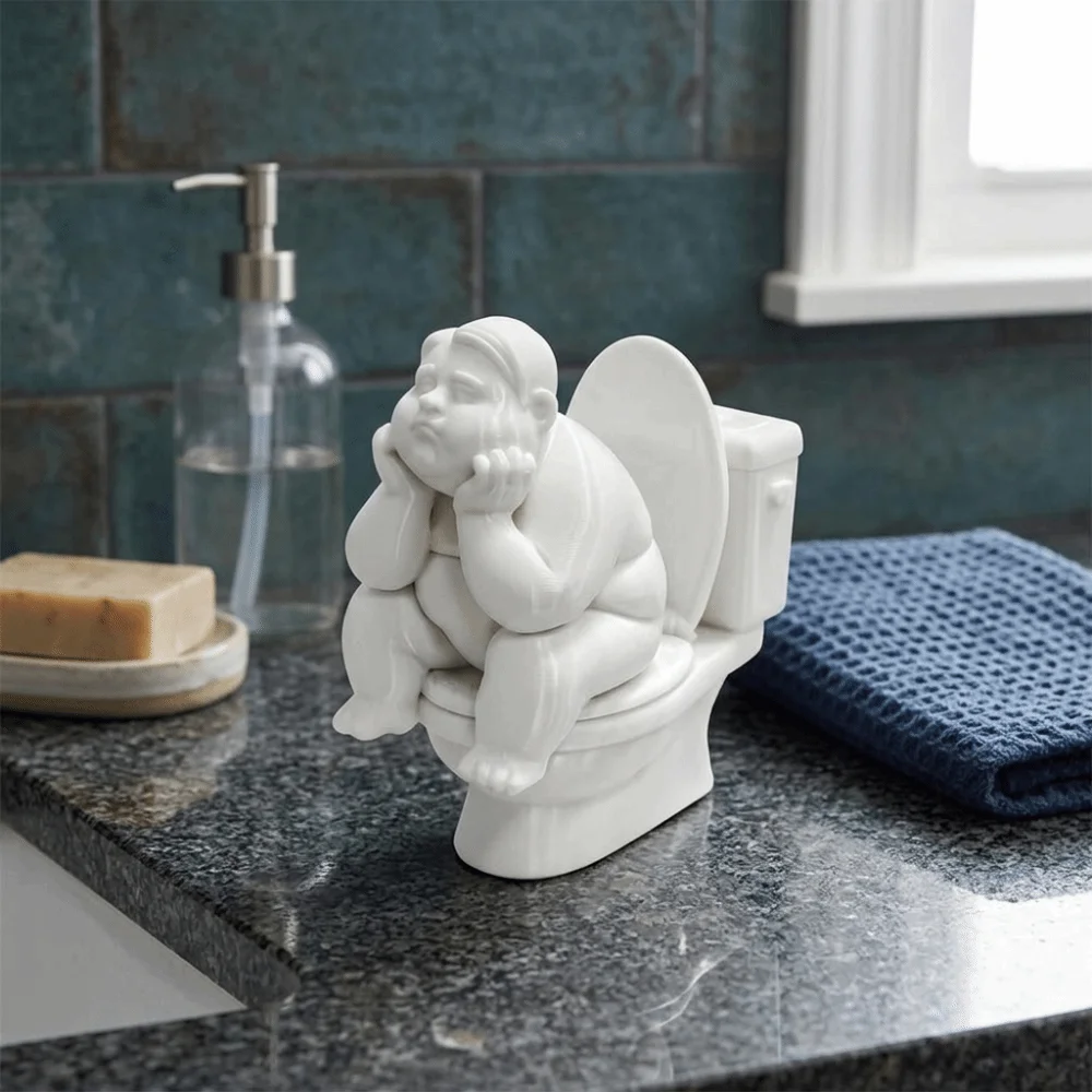 3D Printed Toilet Thinker Figurine Funny Cute Bathroom Thinker Statue Gift White Desktop Small Ornament Gift for Friends