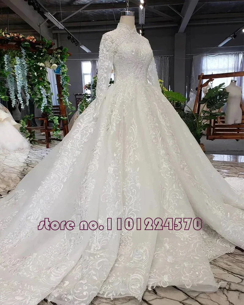 High Neck Long Sleeve Beading Sequins Appliques Lace Princess Ball Gown Wedding Dresses With Sweep Train Vestido De Novia - AliExpress 320 High Neck Long Sleeve Beading Sequins Appliques Lace Princess Ball Gown Wedding Dresses With Sweep Train Vestido De Novia - AliExpress 320