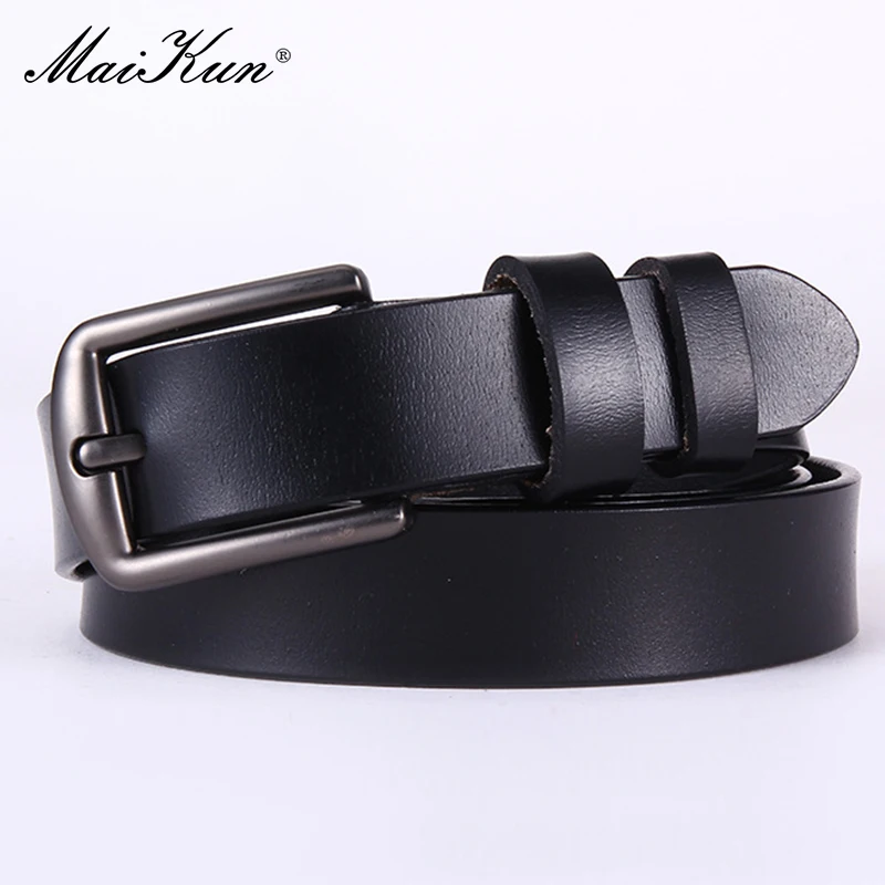 

Maikun Women's Fashion Simple Thin Belt Gun Black Alloy Pin Buckle Solid Color Second Layer Cowhide Belt