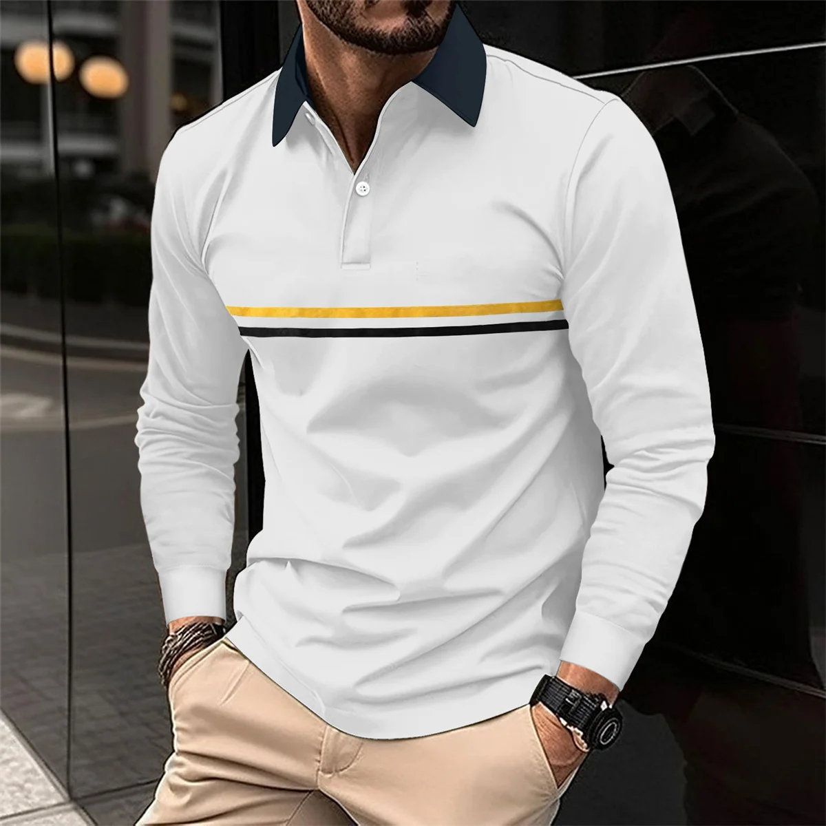 

Spring and Autumn Men Office Casual British Style Patchwork Color Stripes Comfortable Lapel Sports Long-Sleeved POLO shirt