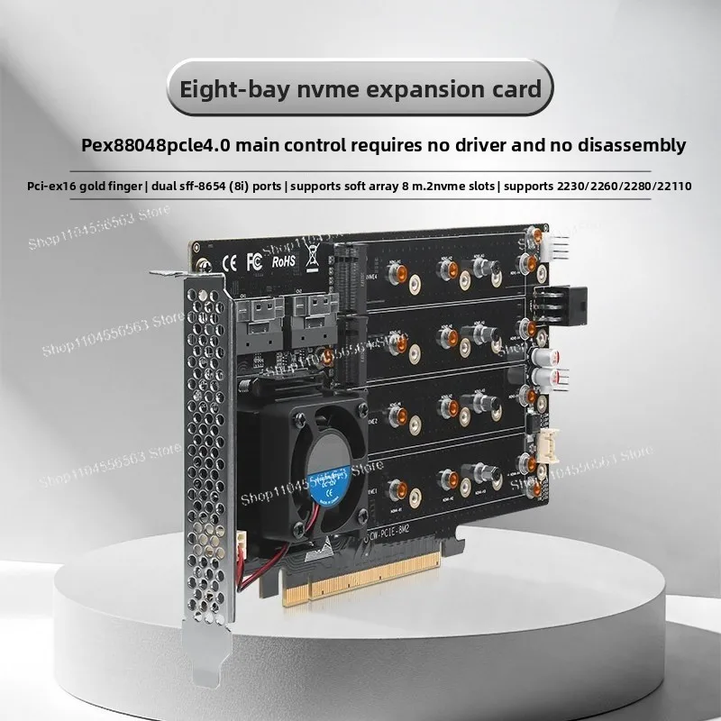 8-Bay M.2 NVMe RAID Card, PCIe 4.0 x16 Bandwidth, Driver-Free, No Bifurcation Required