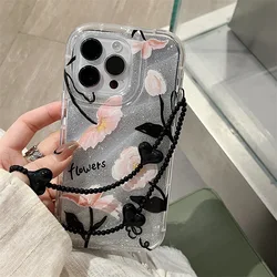 3D Butterfly Bracelet Chain Case For iPhone 16 Pro Max 15 14 13 12 11 Pro Cover Funda Korean Aurora Gradient Laser With Lanyard