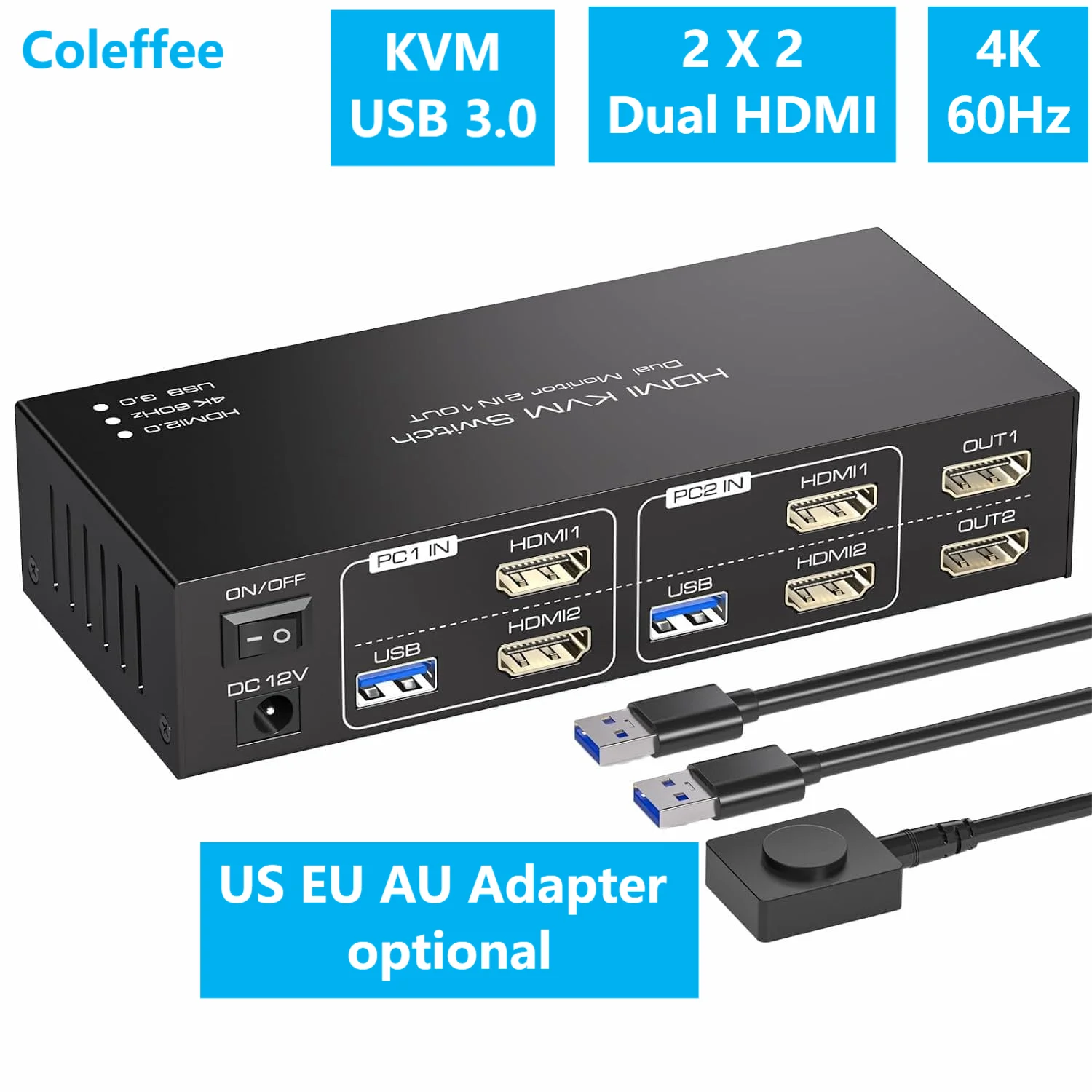 Dual HDMI  KVM Switch 2 Monitors 2 Computers,HDMI 2 Ports USB 3.0 4 Port KVM Selector 2 PC/2 Laptop Share Keyboard Mouse Printer