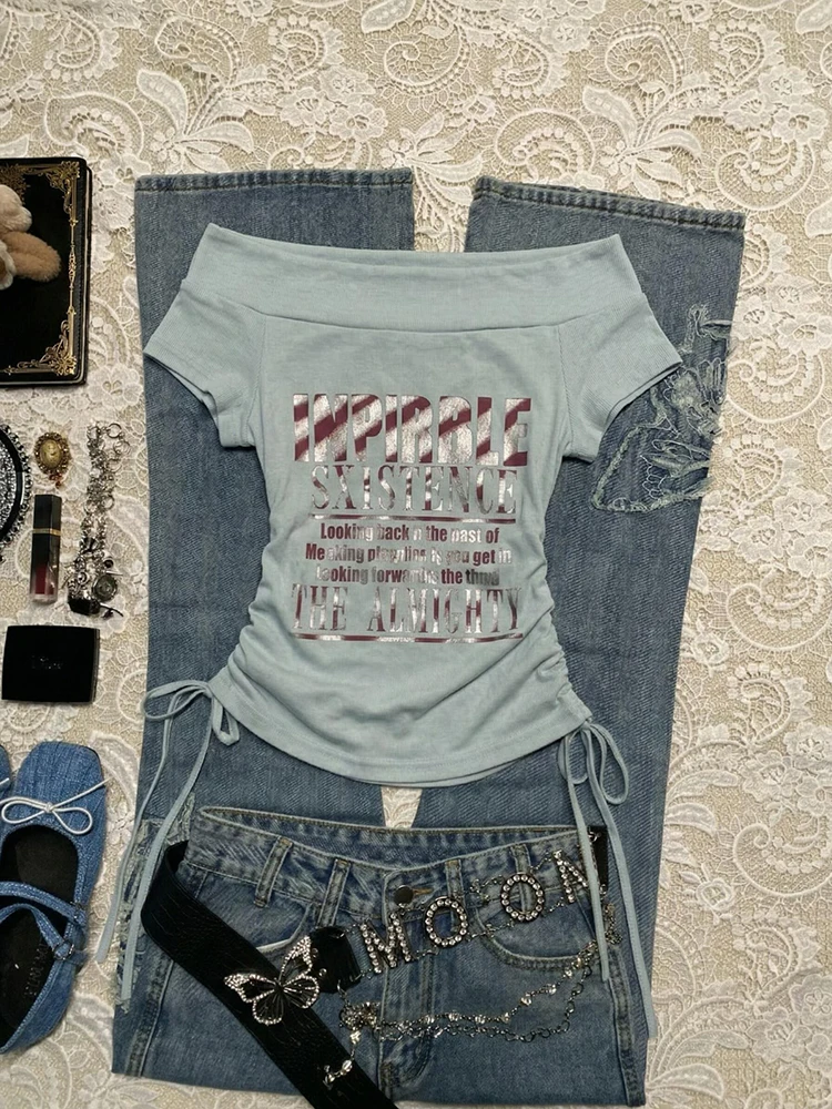 

Blue Drawstring Shoulder T-Shirt for Girls Original Print Casual Style Cotton Blend Summer Top Beautiful Outfit Matching Ladi...
