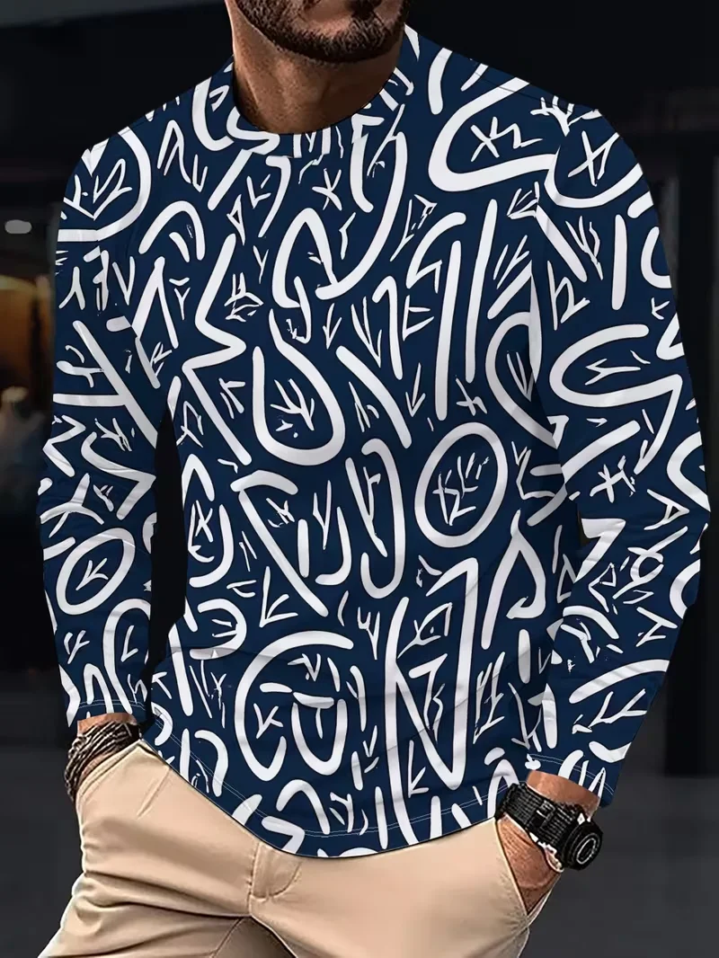 2026 Autumn New Men's 3D Printed Long Sleeve Round Neck T-shirt, Fashionable and Trendy Abstract Printed Versatile Top