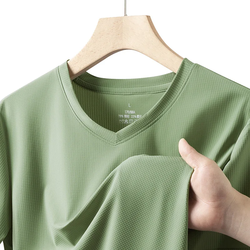 GELITAYIN Good Quality T-Shirts Men Stripe Ice Silk V-neck Absorbing Shirtcool Breathable A Cool Feeling Bottoming Shirt Male Sh