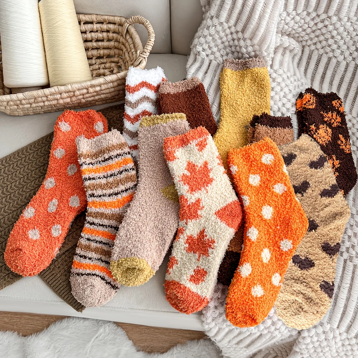 6 Pairs of Randomly Assorted Coral Fleece Large Polka Dot Socks, Thickened and Fleece-Lined Mid-Calf Socks for Women, Warm and Fluffy Sleep Socks for Autumn and Winter