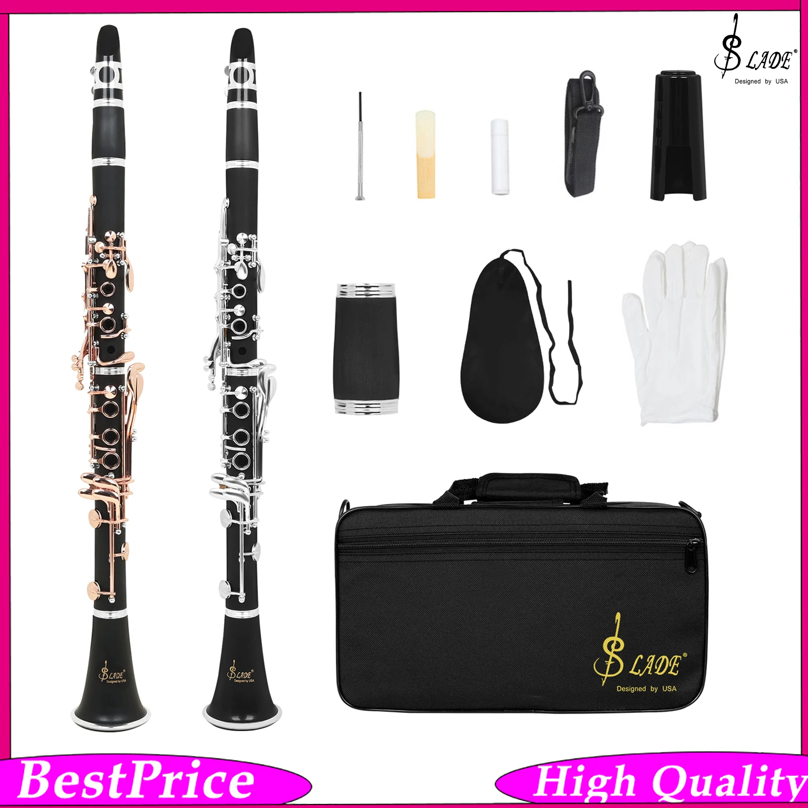 SLADE Bb Clarinet 17 Keys ABS Body Rose Gold-plated Keys Reeds Cleaning Kit Wind Instrument for Practice Band Performance