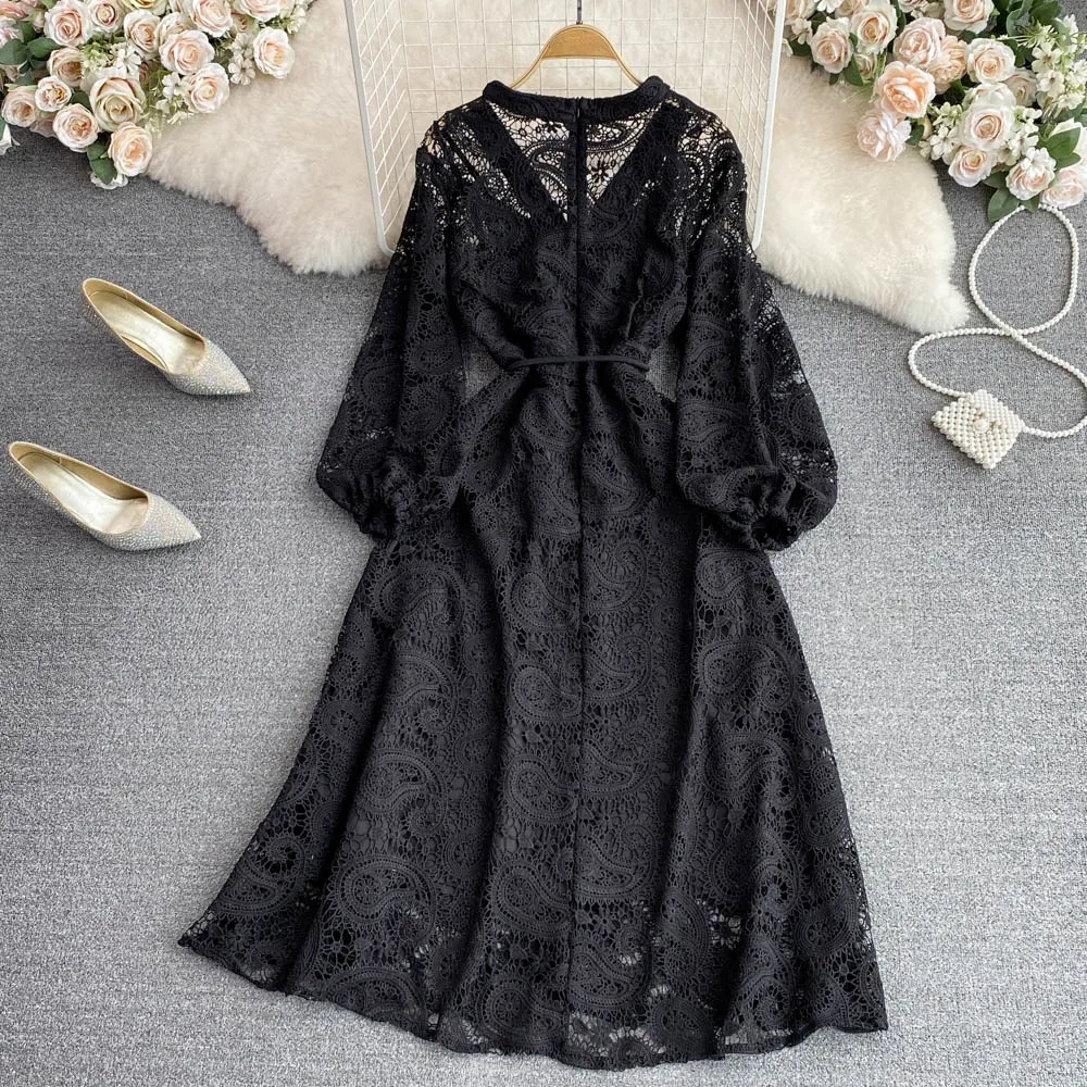 Neploe 2024 Early Autumn V Neck Lantern Sleeve Mujer Women Slim Fit Lace Hollow Out Dress Crochet Lace Up Big Swing Moda Robe