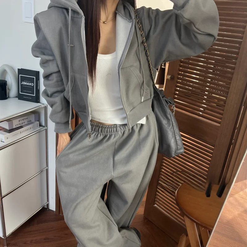 

Корейский женский зимний комплект с капюшоном и молнией на подкладке, повседневный комплект с широкими брюками, удобная дышащая уличная одежда