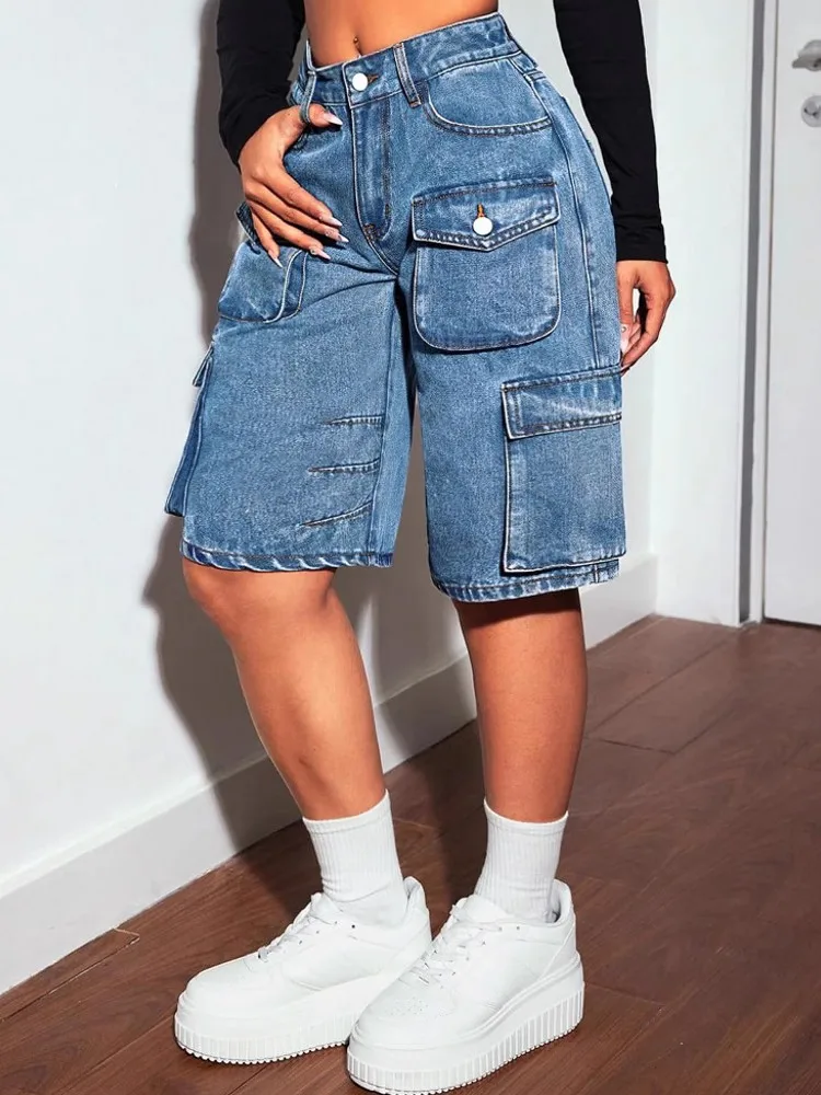 Women Denim Short Pants Straight Midi Casual Multi Pockets Knee Length Vintage Washed Cargo Feminino Jean Shorts 2025 New Summer