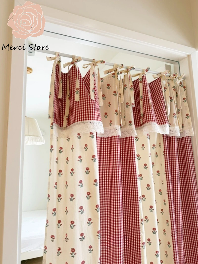 

British Retro Small Red Flower Patchwork Cotton Half Curtain for Kitchen Cafe Lace Door Floral Showcase Drapes Window Ready