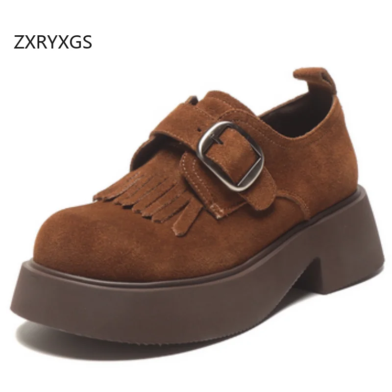 

ZXRYXGS Matte Cowhide Full Real Leather Shoes Thick Sole Elevator Shoes Mid Heels Temperament Elegant Versatile Women Shoes 2025