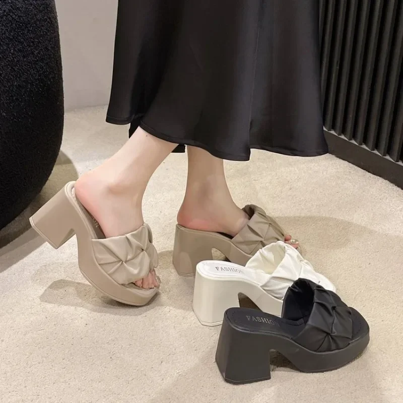 Ladies Shoes on Sale 2024 New Fashion Square Toe Anti-wrinkle Women's Slippers Summer High-heeled Casual Women Fish Mouth Shoes