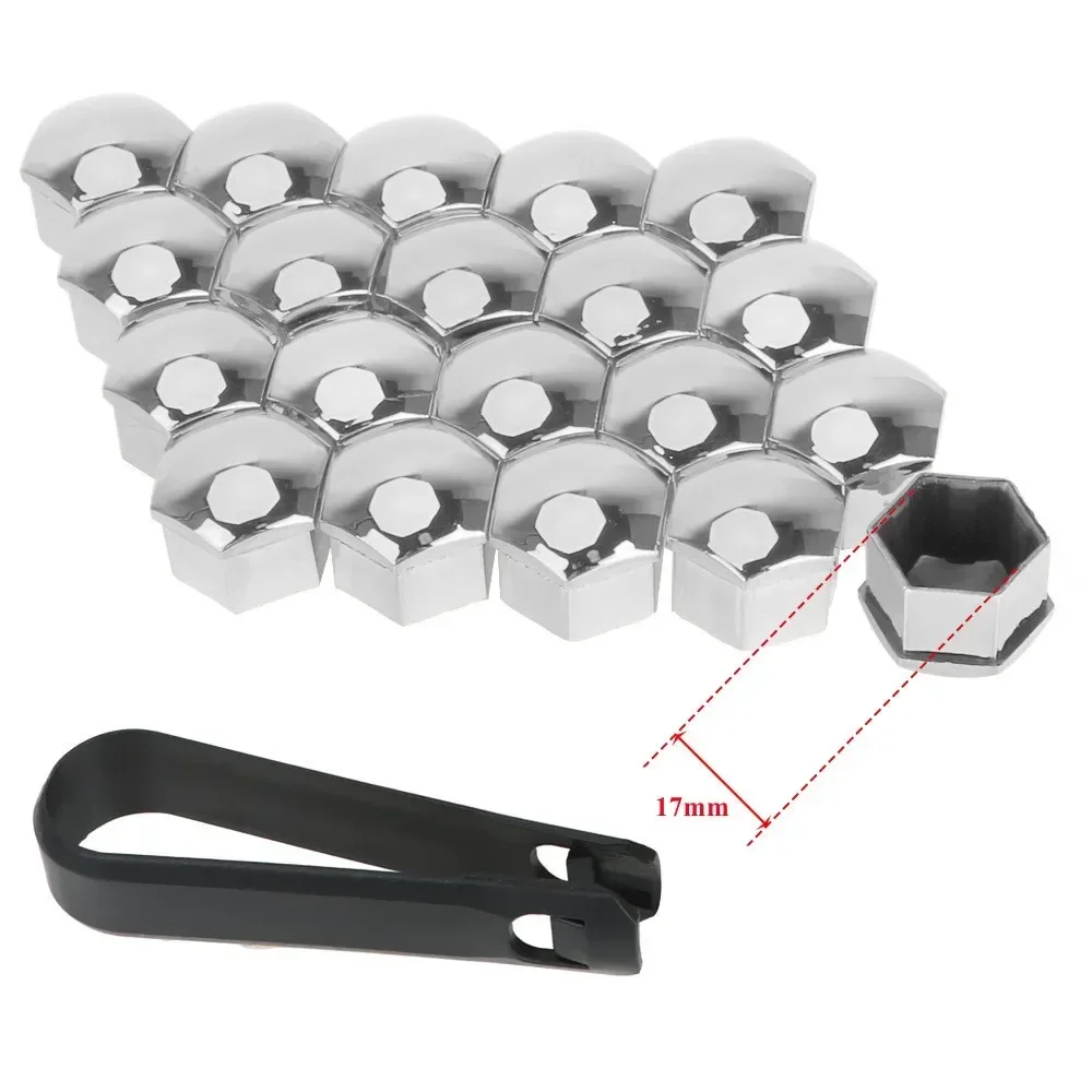 

20pcs 17mm Silver Alloy Wheel Center Nut Bolt Cover Chrome Cap For Most Cars Include Black Clamp Removal Tool