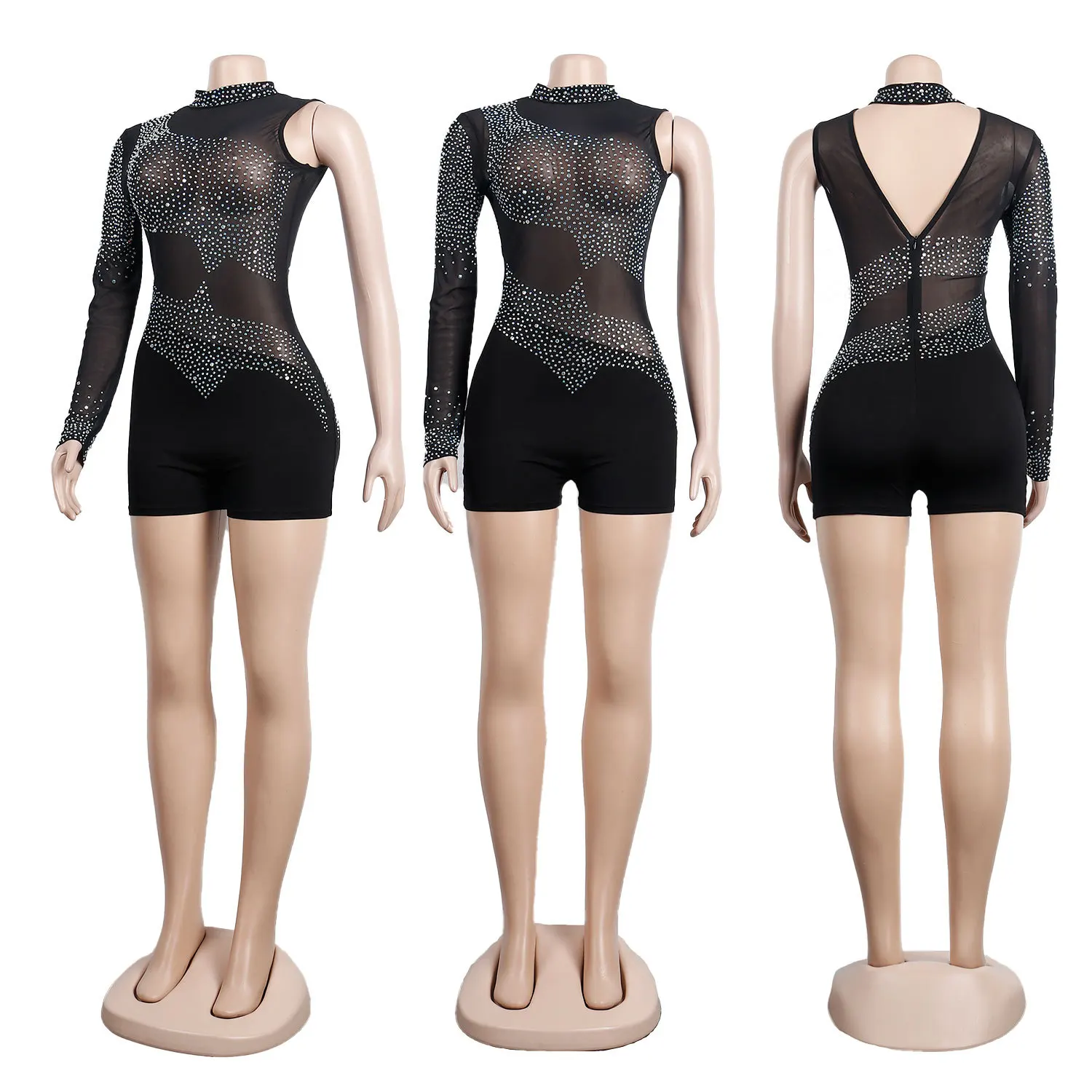 Sexy mesh see-through slimming nightclub party party long sleeve hot diamond jumpsuit