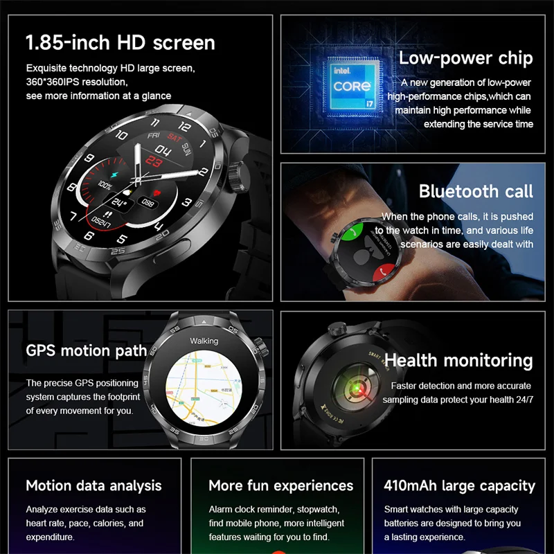 For Huawei Sport Fitness Men smartwatch 1.85-inch HD Screen 500+custom Dial GPS Compass NFC Bluetooth Call Waterproof Smartwatch