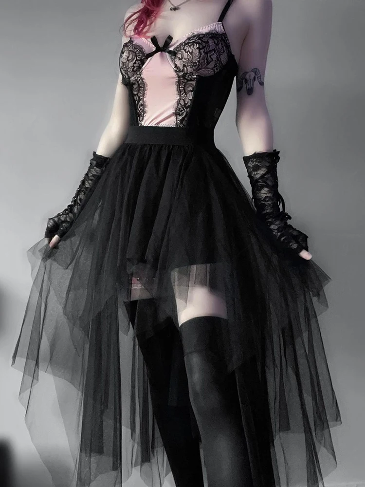 Halloween Wear Dark Gothic High Waist Irregular Mesh Skirt Women's Punk Style Gauze Skirt