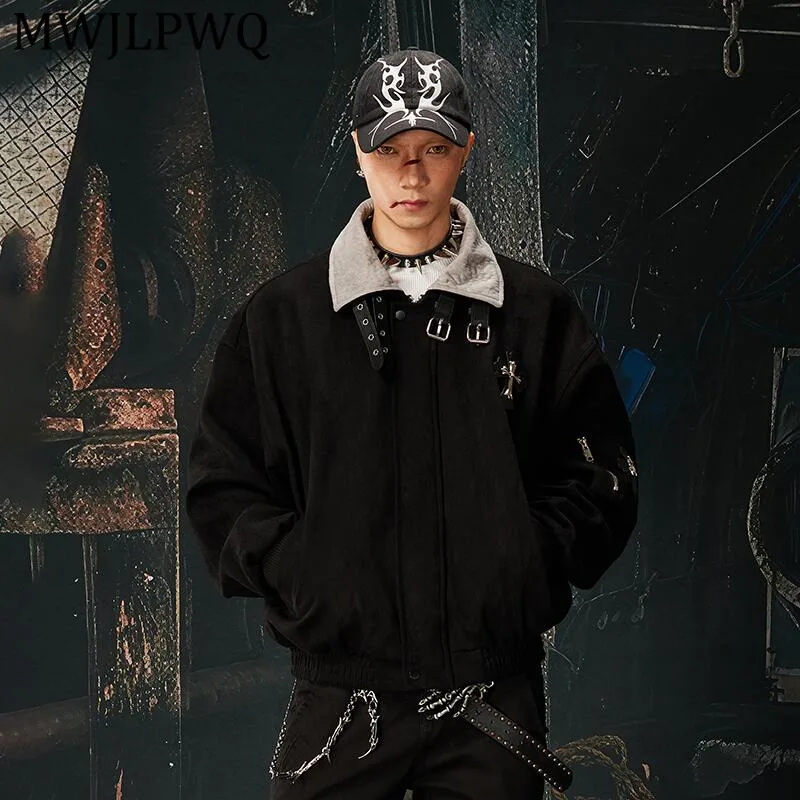 

MWJLPWQ New Turn-Down Collar Double Belt Buckle Patchwork Jacket Male High Street Loose Zipper Unisex Casual Coat Spring 13272