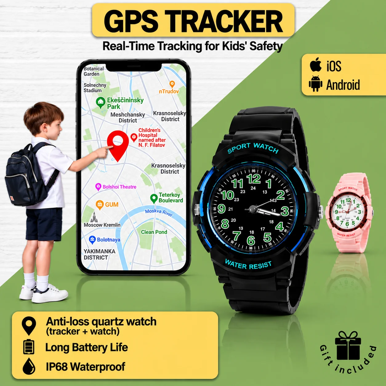 Kids Anti-Lost Watch with Apple Find My Android Find Hub Bluetooth Tracker Quartz Watch IP68 Waterproof No Subscription