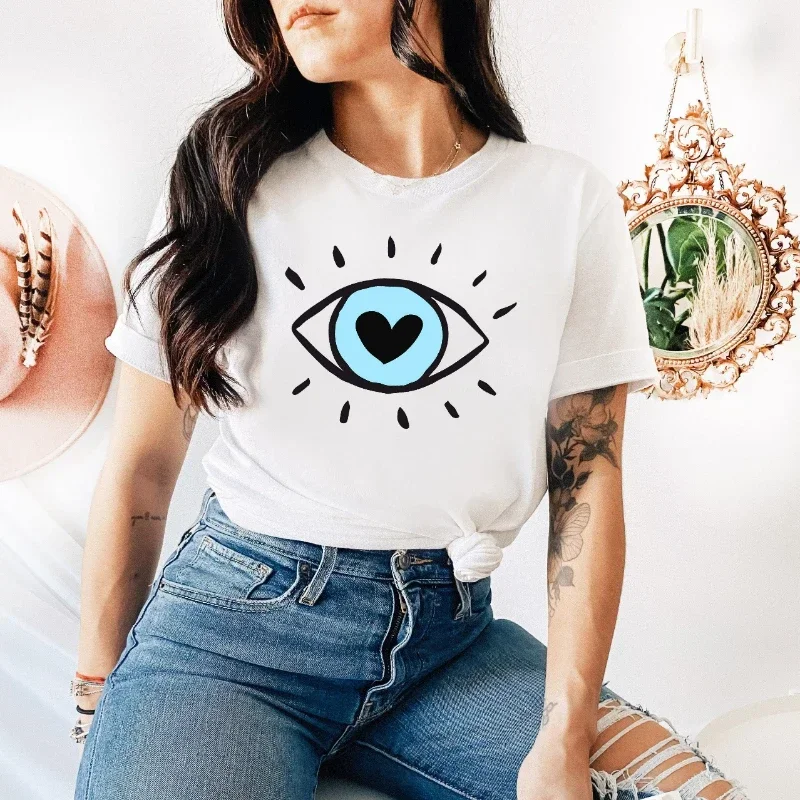 Devil's Eye Printed Tee Shirts  Womens Crop T-shirts O-Neck Short Sleeves Casual Loose Clothes Fashion Female Tops