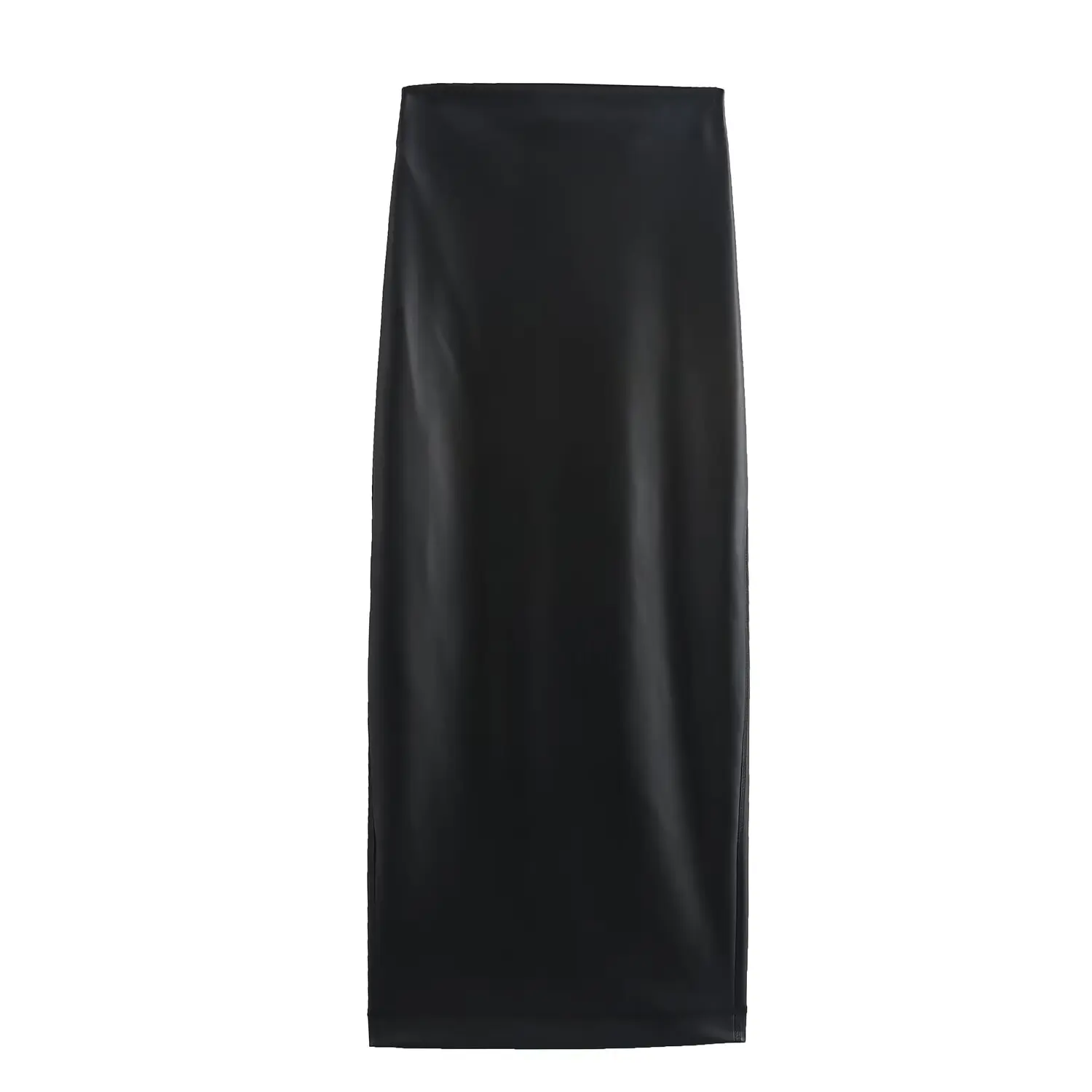 

HH TRAF Women's Fashion Black Sexy High Waist Hem Slit Zipper Design Faux Leather Skirt Female Elegant Slim Fit Mid Calf Skirt